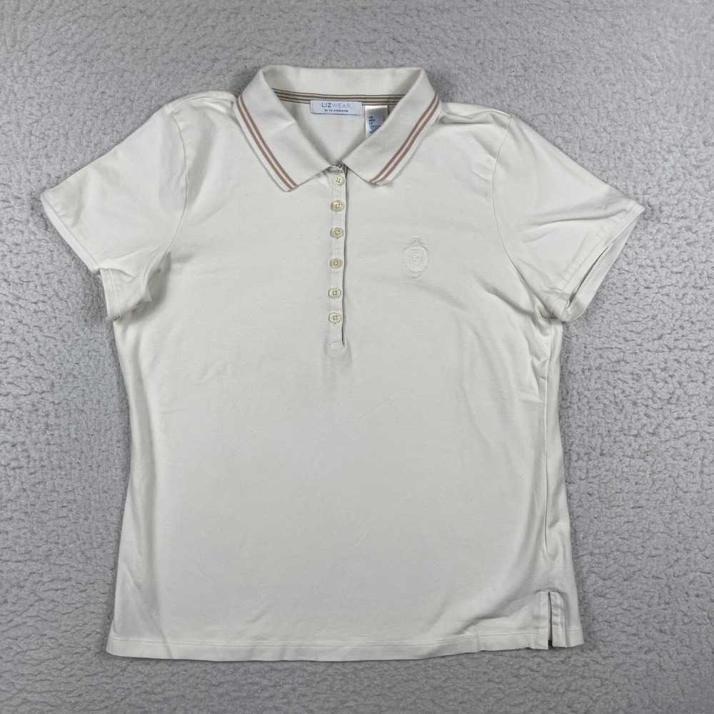Lizwear Liz Claiborne Polo Shirt Womens Large White Striped Collar Casual
